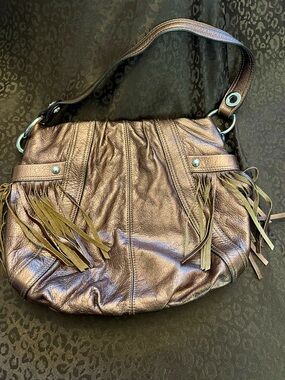 b. makowsky Metallic Bronze Fringe Hobo Shoulder Bag